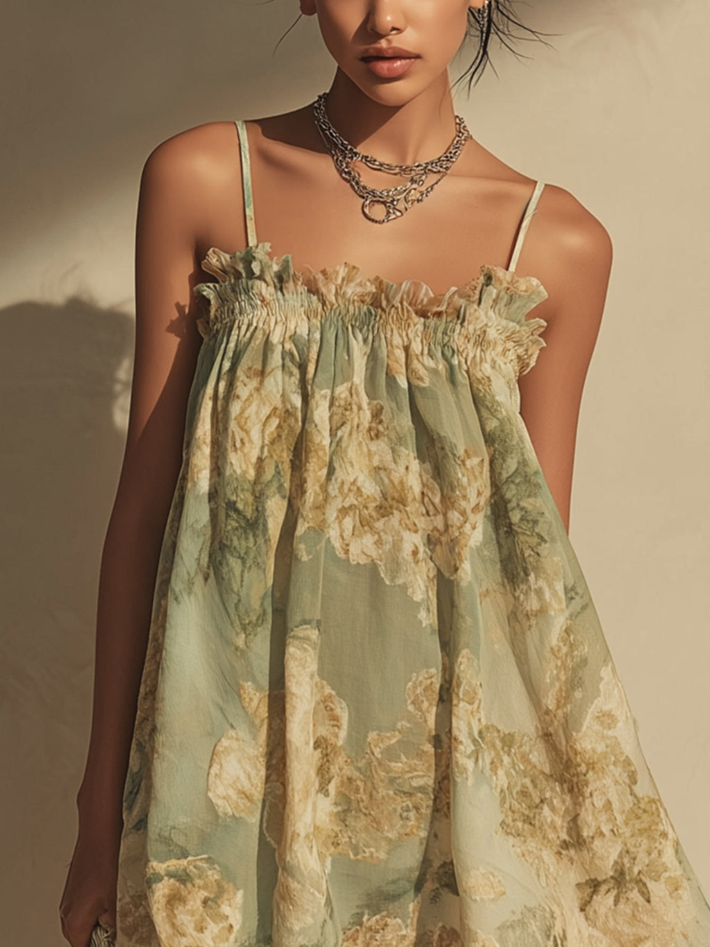 Green Floral Chiffon Ruffled Irregular Strap Dress