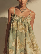 Green Floral Chiffon Ruffled Irregular Strap Dress