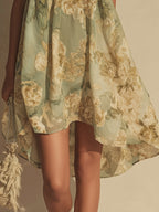 Green Floral Chiffon Ruffled Irregular Strap Dress