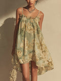 Green Floral Chiffon Ruffled Irregular Strap Dress
