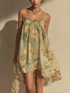 Green Floral Chiffon Ruffled Irregular Strap Dress