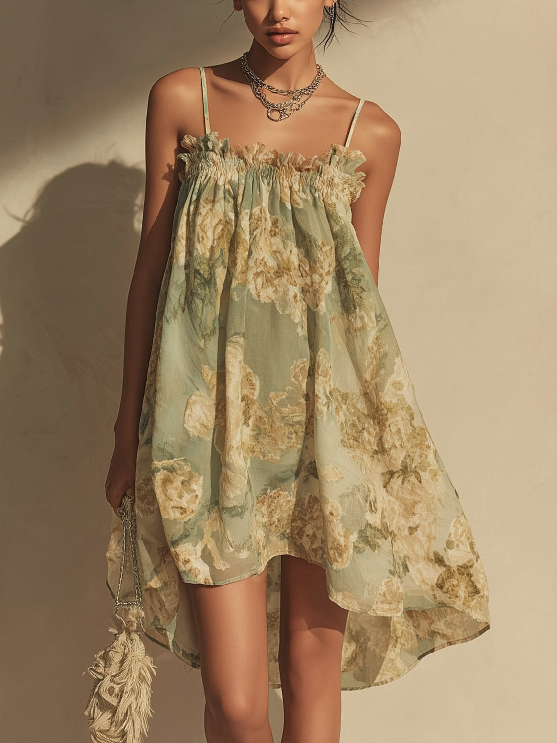 Green Floral Chiffon Ruffled Irregular Strap Dress