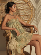 Green Floral Chiffon Ruffled Irregular Strap Dress