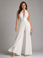 Zakira | Pleated Halter Neck Wide Leg Jumpsuit