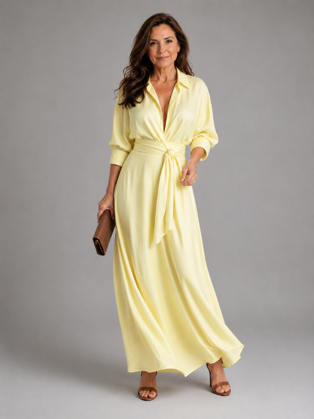 Zelith | Belted Collared Flowing Long Sleeve Midi Dress
