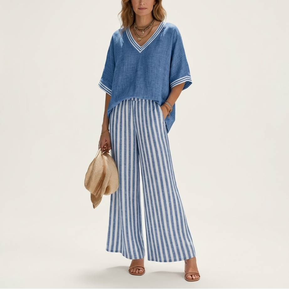 Juliana | V-Neck Varsity Top & Stripe Wide-Leg Set