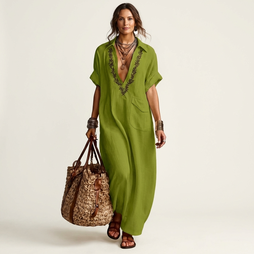 Amarina | Embroidered V-Neck Collar Cotton-Linen Maxi Dress