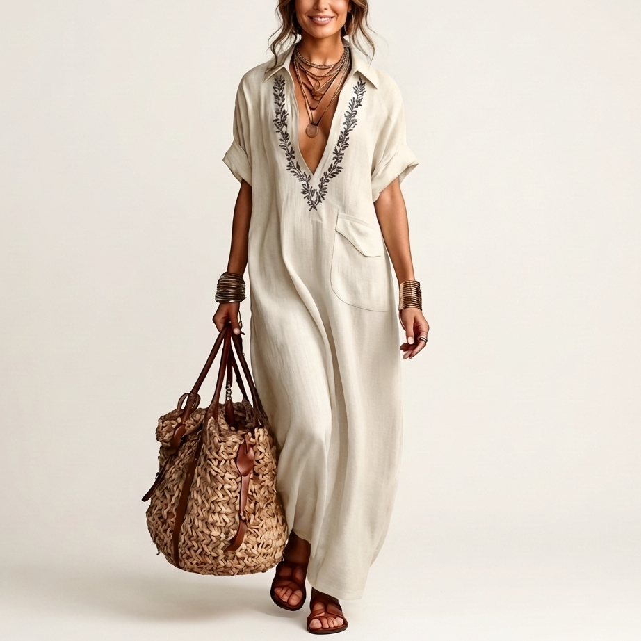 Amarina | Embroidered V-Neck Collar Cotton-Linen Maxi Dress