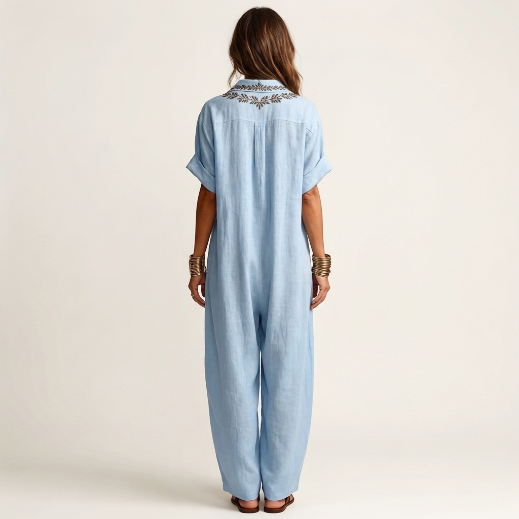 Amarina | Embroidered V-Neck Collar Cotton-Linen Maxi Dress