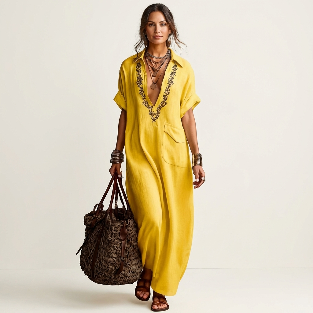 Amarina | Embroidered V-Neck Collar Cotton-Linen Maxi Dress