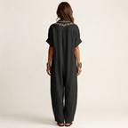 Amarina | Embroidered V-Neck Collar Cotton-Linen Maxi Dress