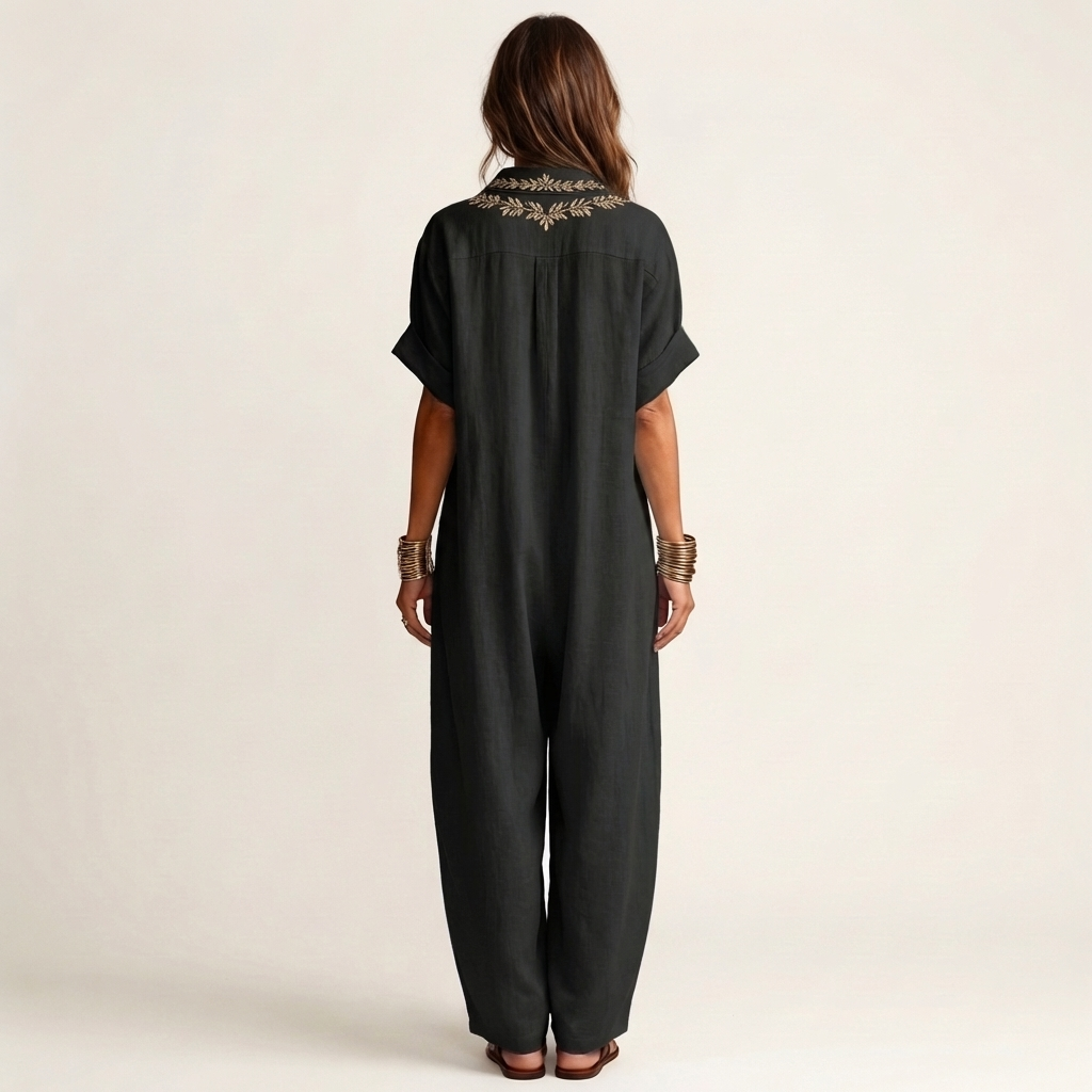 Amarina | Embroidered V-Neck Collar Cotton-Linen Maxi Dress