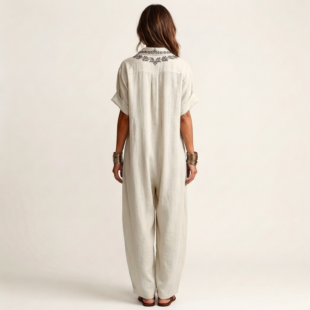 Amarina | Embroidered V-Neck Collar Cotton-Linen Maxi Dress