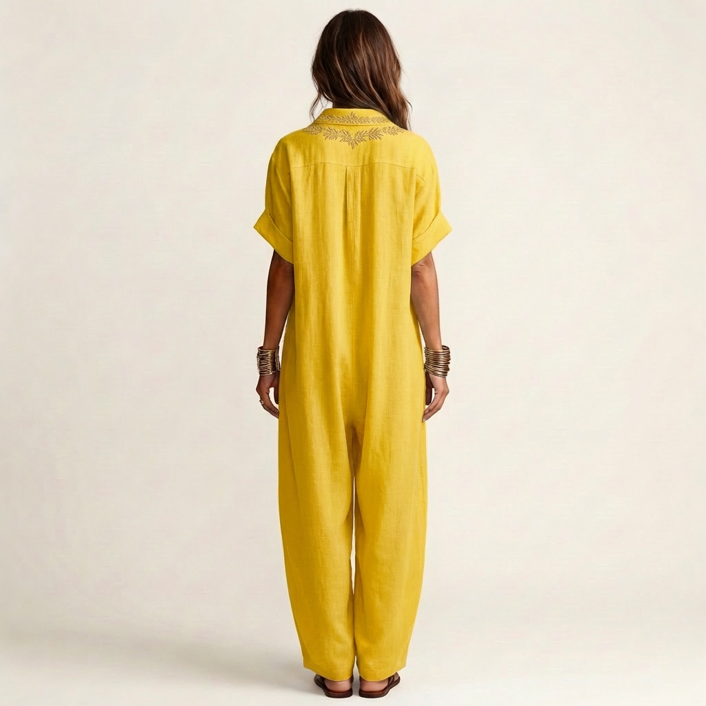 Amarina | Embroidered V-Neck Collar Cotton-Linen Maxi Dress