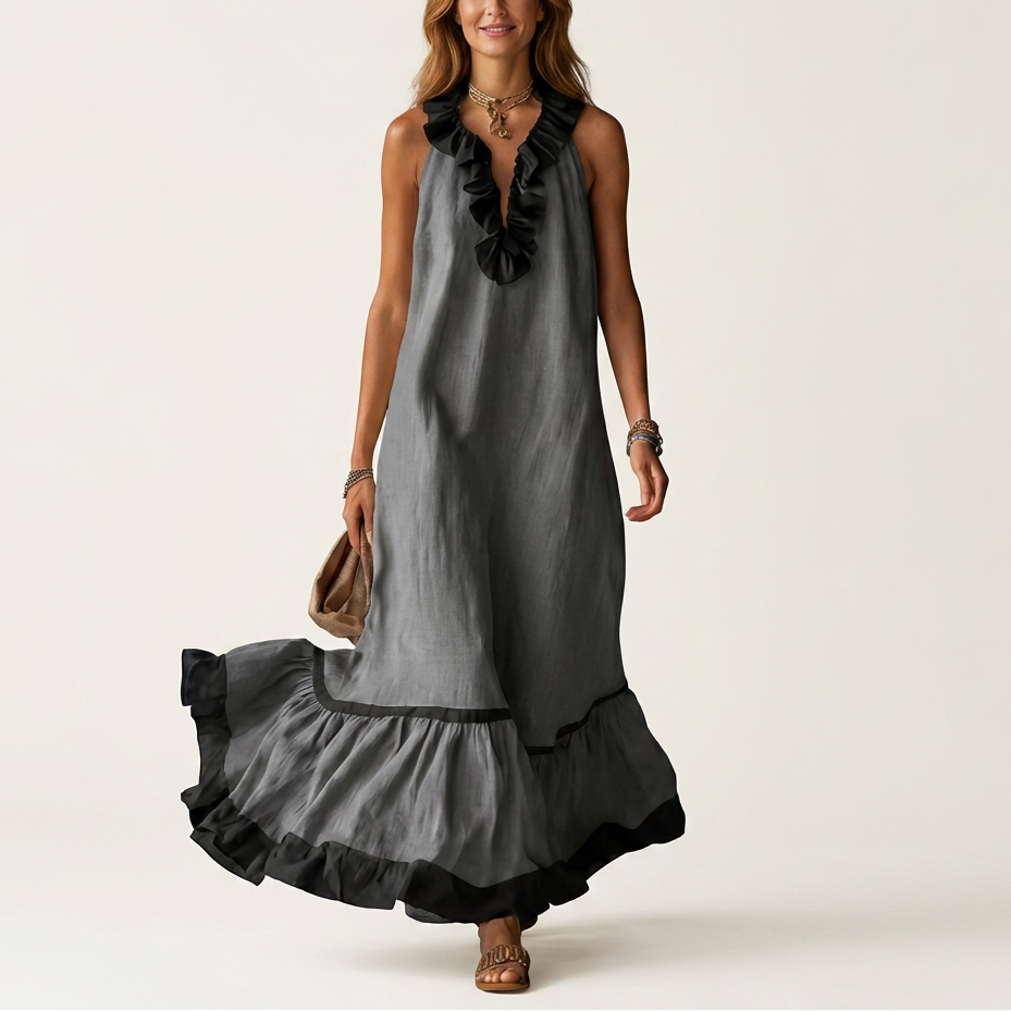 Mayline | Sleeveless Ruffle-Neck Contrast-Trim Maxi Dress