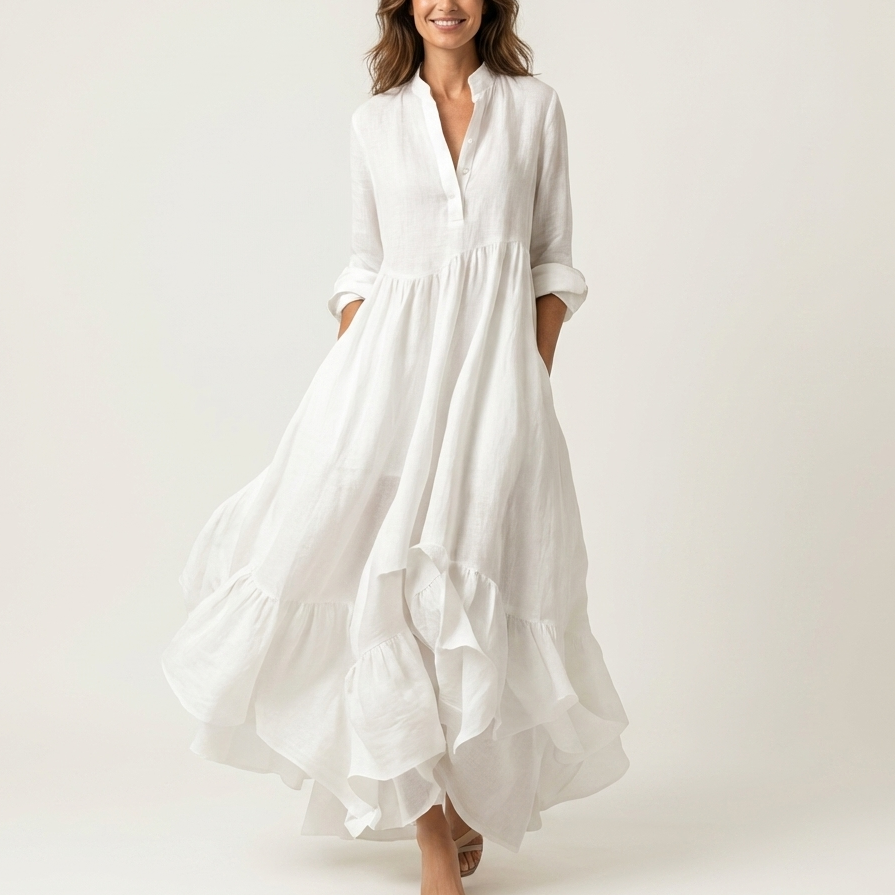 Jilana | Stand-Collar Button-Front Ruffle Hem Maxi Dress